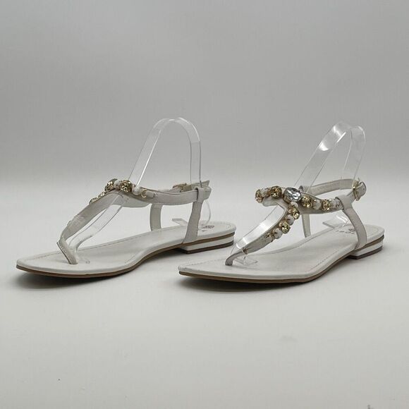 ISOLA Sandal Women’s Size 10 White Leather Rhinestone Thong Slingback Flat - Picture 2 of 14